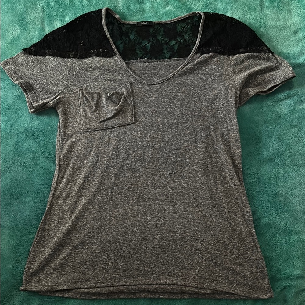 Max Rave Gray Top with Black Lace Detail